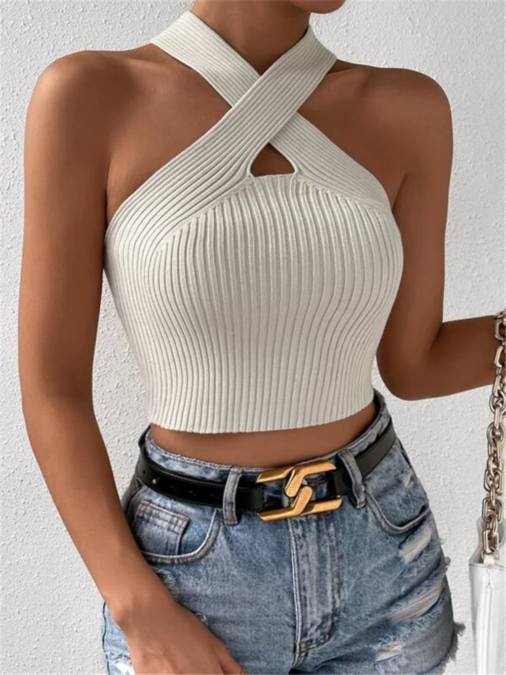Zara Slim Fit Cross Halter Neck Knit Sweater Vest Top